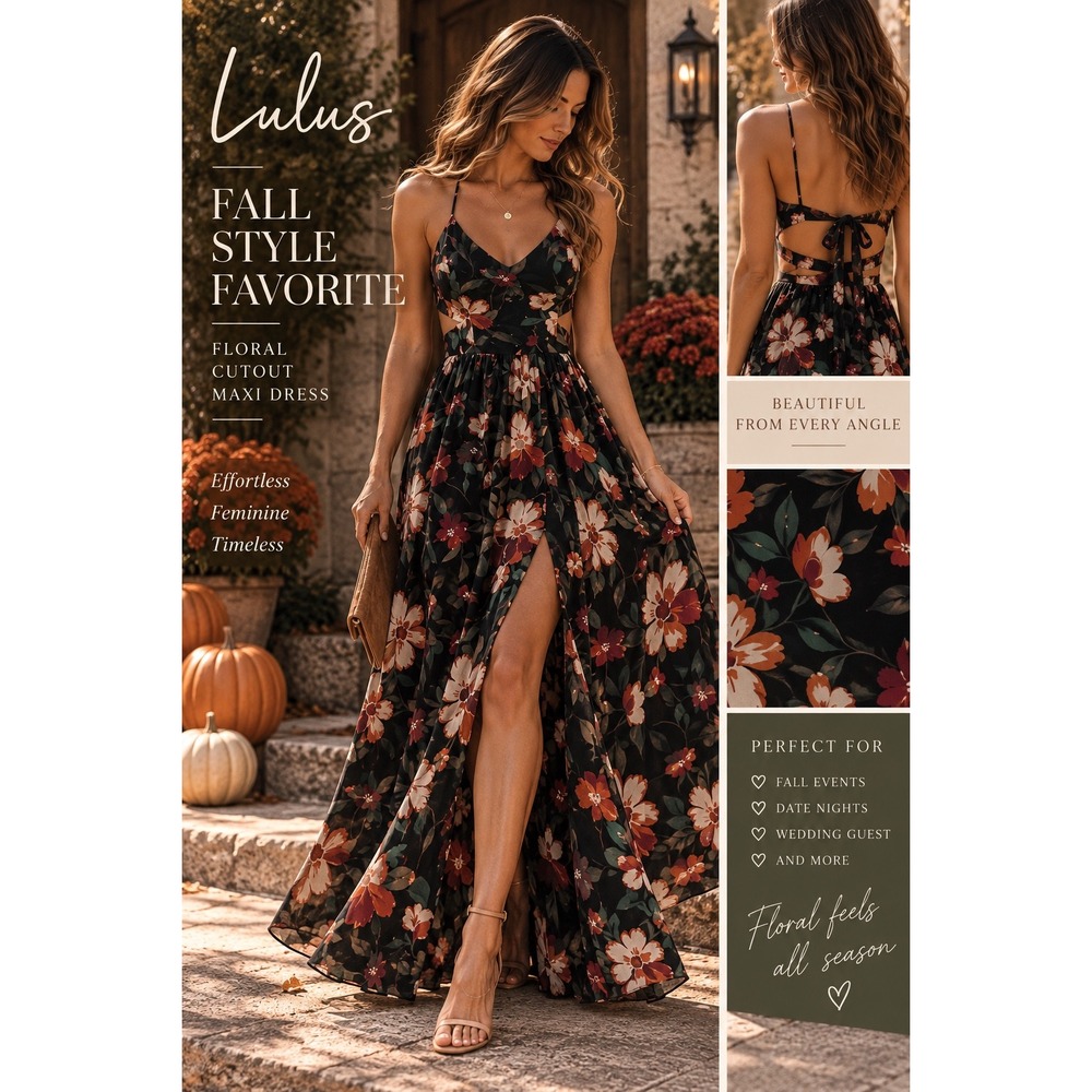 Lulus Black Floral Cutout Maxi Dress Thigh Slit Tie Back